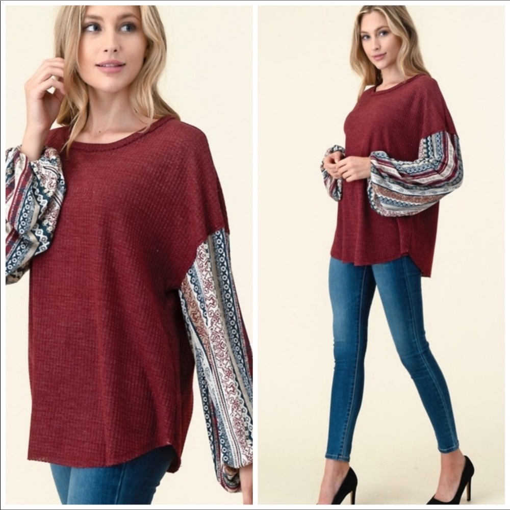 New!  Burgundy Waffle knit Top W/Contrast Sleeves